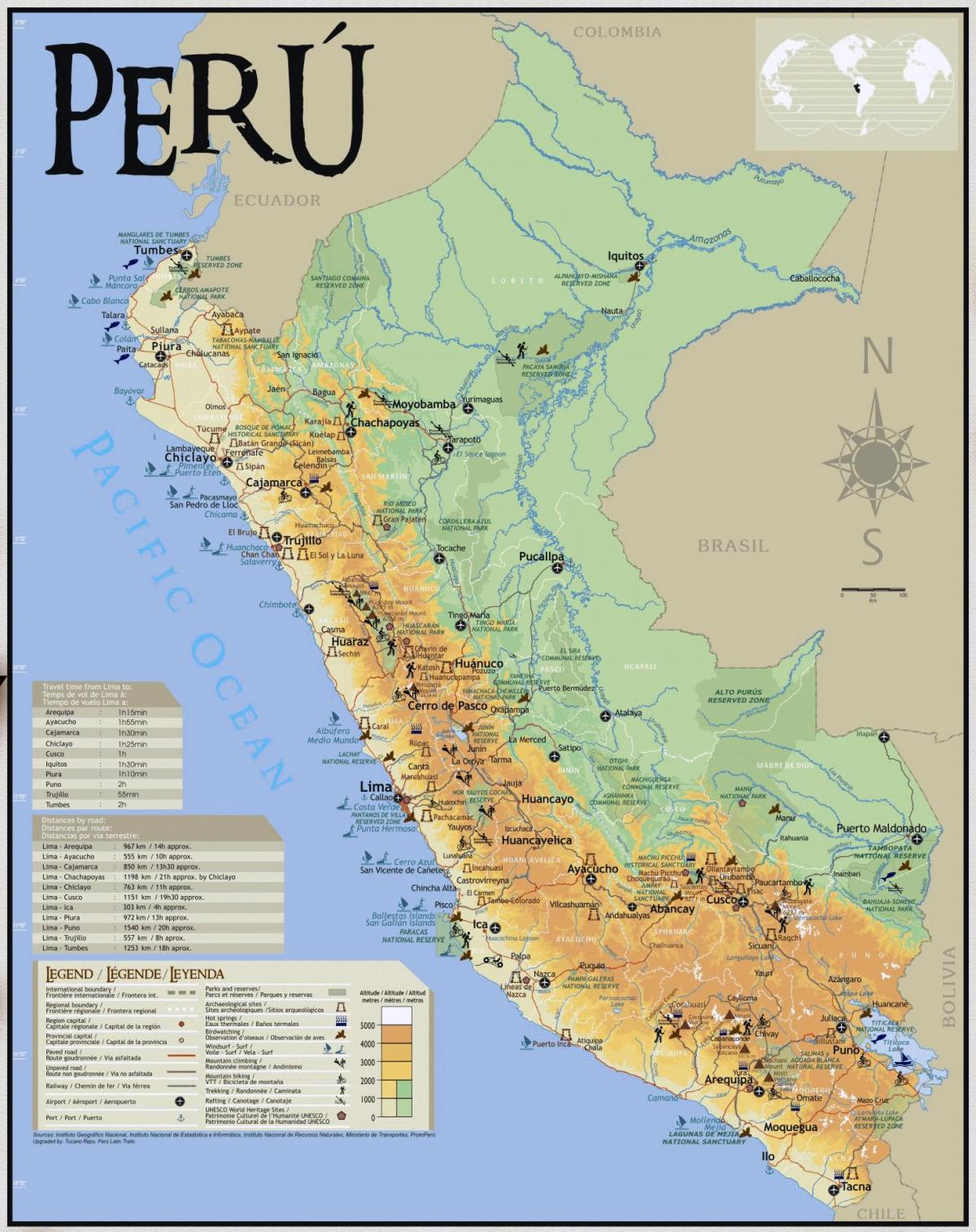 Peru turistických atrakcí mapě