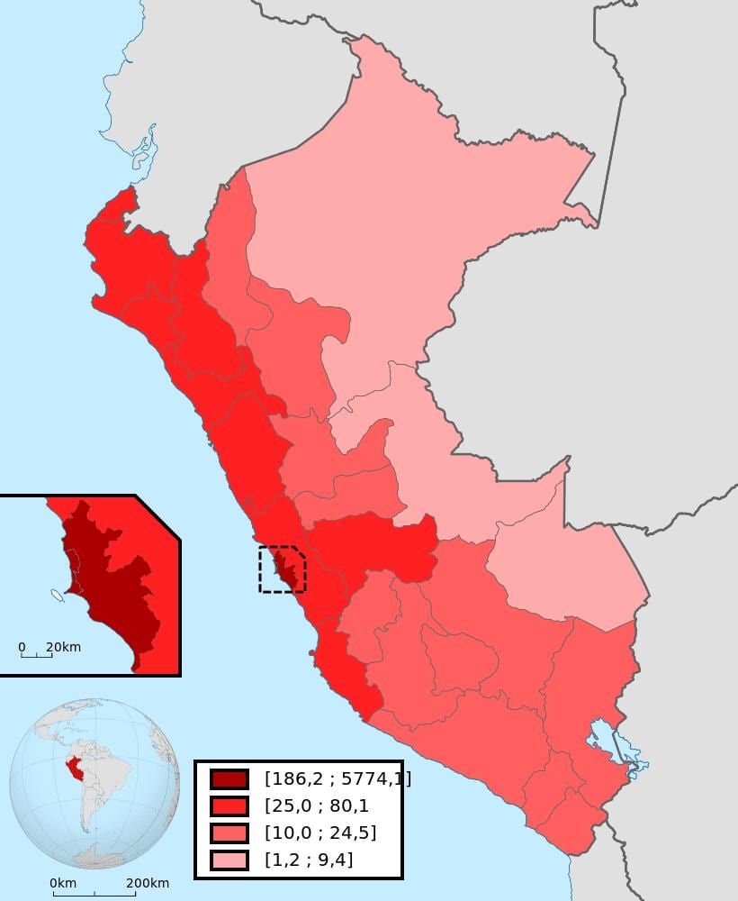 Peru hustota obyvatelstva mapě